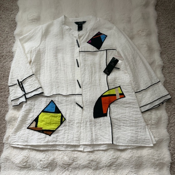 Ali Miles Pop Art Patchwork White/Cream Tunic Shirt with Abstract Accents-XS(S/M - Picture 7 of 16